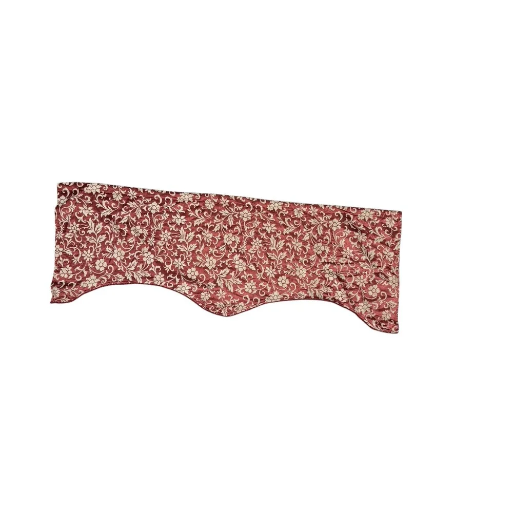 Set of 3 Velvet Jacquard Valances Short Curtains Red Beige Scalloped Floral